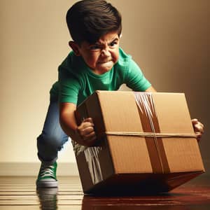Hispanic Boy Exerting Strength to Move Cardboard Box | Action Image