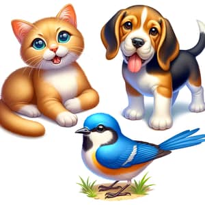 Serene Nature Scene with Cat, Dog, and Blue Bird