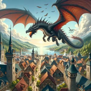 Dragon Flying Over Town - Mystical Encounter