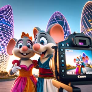 Mickey and Minnie Mouse Near Flame Towers in Baku | Whimsical Disney Scene