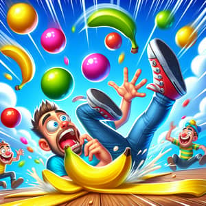 Cartoon character slips on a banana peel while juggling balls