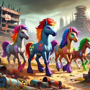 Colorful Animated Cartoon Horses in Post-Apocalyptic Setting