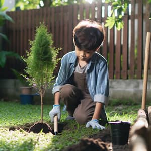 Young South Asian Boy Planting Tree | Backyard Gardening