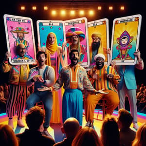 Colorful Comedians Perform with Oversized Tarot Cards