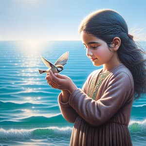 Tranquil Scene: Young Middle-Eastern Girl Releasing Bird by Azure Ocean