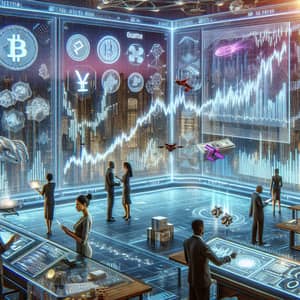 Futuristic Cryptocurrency Scene: Virtual Display & Trading Hub