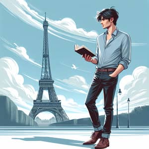 French Man with Book at Eiffel Tower - Casual Style
