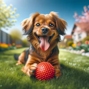 Cheerful Dog Playing with Red Ball in Sunny Garden