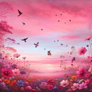Beautiful Pink Sky Landscape with Flowers, Birds, and Butterflies