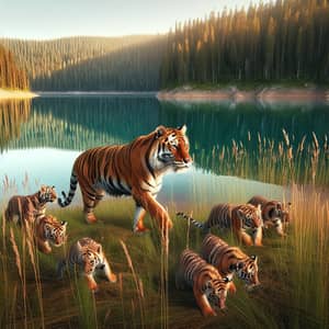 Majestic Tiger By Lake with Playful Cubs