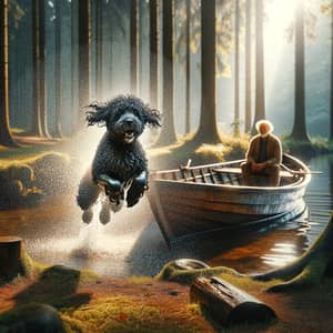 Portuguese Water Dog Leaping in Woodland Glade | Unique Prism Effect