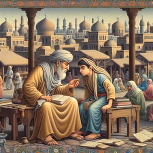 Middle-Eastern Man and Boy Discussing in Ancient City
