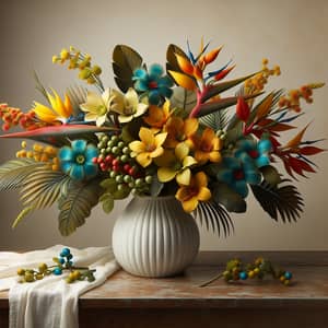 Vibrant Tropical Flowers in White Vase on Wooden Table