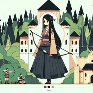 Flat Japanese Girl Illustration in Medieval Castle Scene
