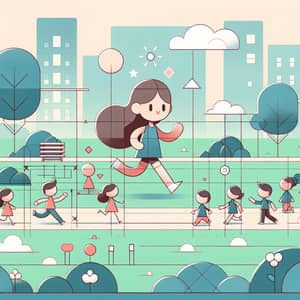 Geometric Illustration of Running Girl in Duolingo Style Park Scene