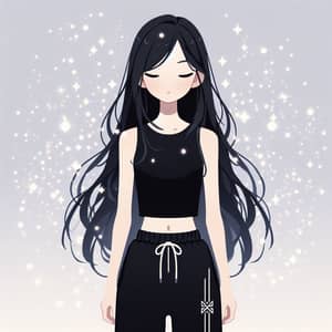 Flat Geometric Illustration of Japanese Girl with Long Black Hair