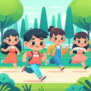 Geometric Flat Illustrations: Cute Running Girl Characters in Park