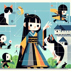 Flat Japanese Girl in Medieval Dress Playing with Cat in Castle Setting