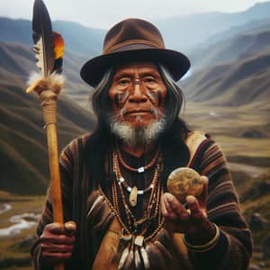 Ecuadorian Man Holding Spear and Round Artifact