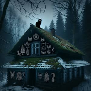 Eerie Old House in Winter Forest with Mythical Entities
