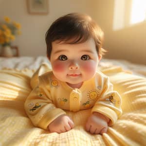 Adorable Baby in Yellow Onesie on Lemon-Yellow Blanket