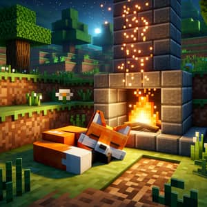 Minecraft Fox Sleeping Near Fireplace - Pixelated Scenery