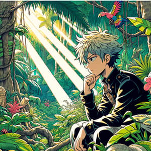 Serious Anime Character in Jungle - Artistic Illustration