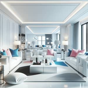 Modern White Living Room with Bright Blue & Pink Accents
