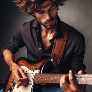 Brown Tousled Hair Man Playing Electric Guitar