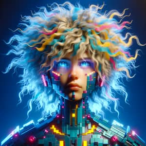 Futuristic Cyber Avatar with Blonde Curly Hair - Digital Design