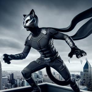 Cat-Themed Superhero Costume | Dynamic Pose on City Skyscraper