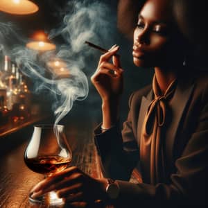 Elegant African Woman Enjoying Brandy and Cigarette at Dimly Lit Bar