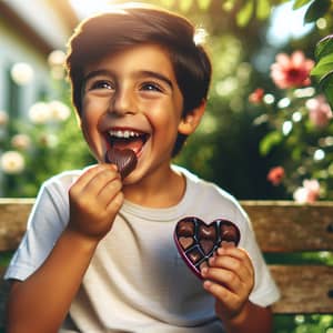 Young Hispanic Boy Enjoying Heart-Shaped Chocolates in Green Park