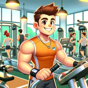 Vibrant Cartoon Fitness Trainer in 3D Gym Illustration