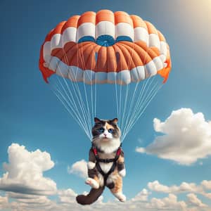 Cat Parachuting: Adorable Jet Black & White Furry Feline in Bright Orange Parachute