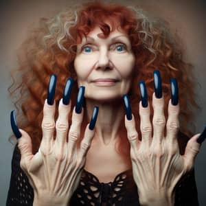 Unique 10-Inch Black Nails with Blue French Tips - Curly Redhead Lady