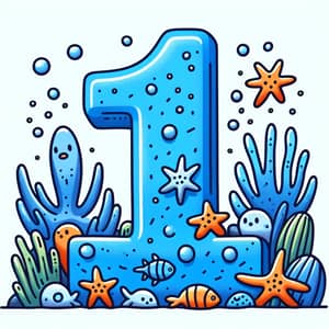 Blue Number One Cartoon with Sea Stars and Fish
