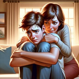 Anxious Teenage Boy Receiving Comforting Hug from Mom