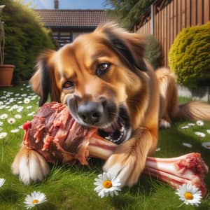 Lively Canine Enjoying Meat Bone in Sunny Backyard