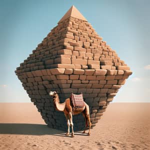 Upside-Down Stone Pyramid with Camel in Serene Desert Landscape