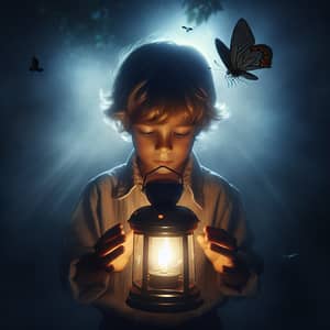 Young Boy with Glowing Lantern and Butterfly in Ethereal Scene