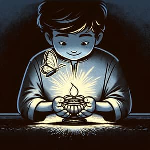 Boy Holding Glowing Lamp with Butterfly - Heartwarming Cartoon Scene