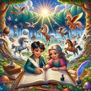 Enchanting Book Cover: Mystical Forest, Children Writing Letters, Magical Creatures