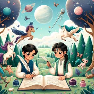 Whimsical Forest Book Cover with Boy and Girl Writing Letters