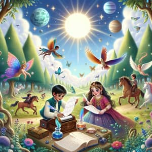 Enchanted Forest Book Cover with Boy and Girl Writing Letters