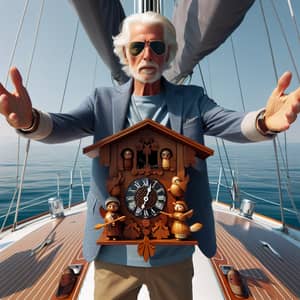 Elderly Man Embracing the Sea on a Sailboat with Cuckoo Clock