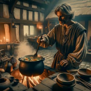 Medieval Soup-Making: Man Preparing Ingredients Over Hearth