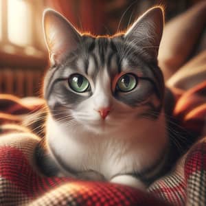 Gray and White Domestic Short-Haired Cat on Cozy Plaid Blanket
