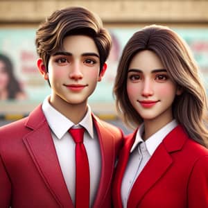 Realistic Pakistani 19-Year-Old Boy and 25-Year-Old Girl in Red Suit | Street Wall Portrait
