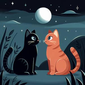 Black and Orange Cats in Nocturnal Landscape